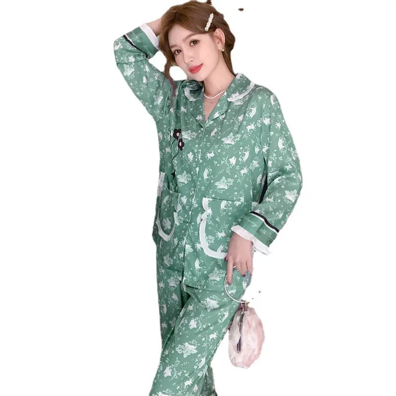 2023 Spring and Autumn New Artificial Silk Women's Pajamas Suit Women's Long-Sleeved Trousers Festive Flower Cardigan Homewear