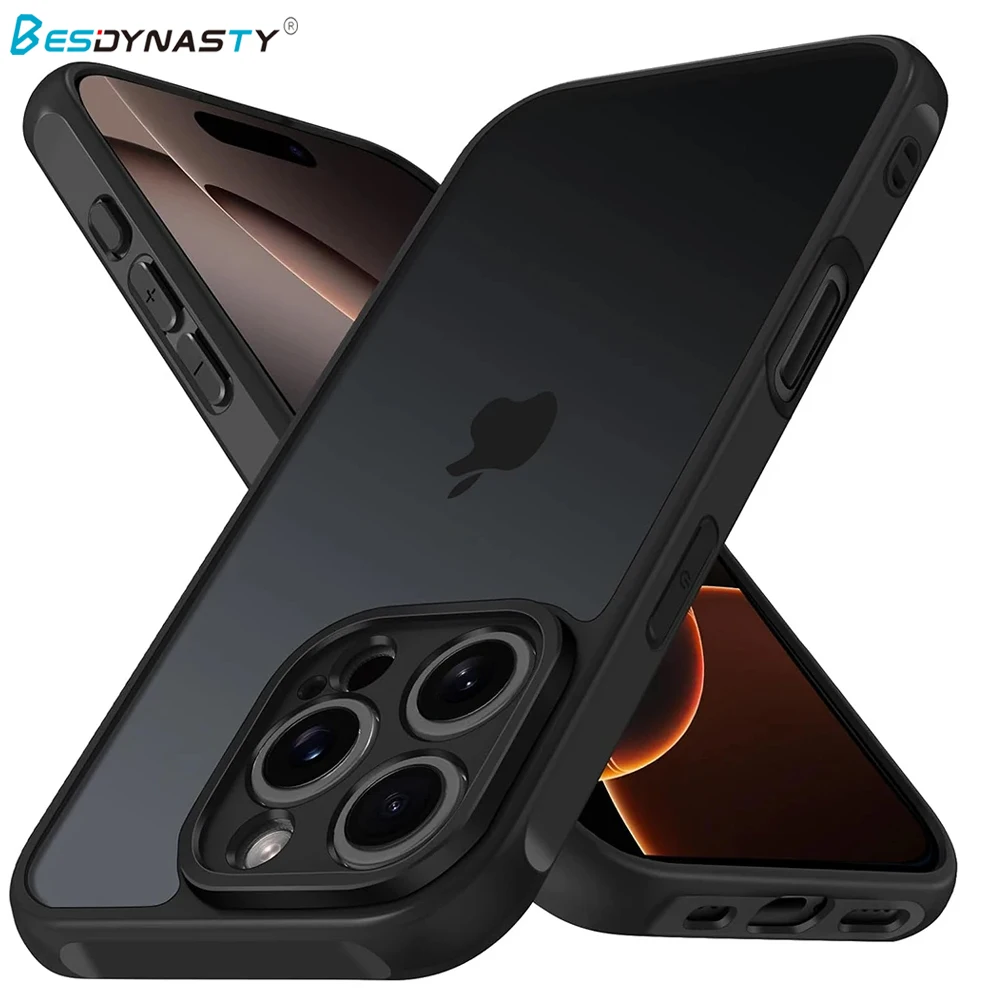 Фото Гибридный противоударный чехол военного класса для iPhone 17, Air 16, 14, 13, 12, 11 Pro Max Plus, матовый полупрозрачный черный мягкий жесткий чехол №1