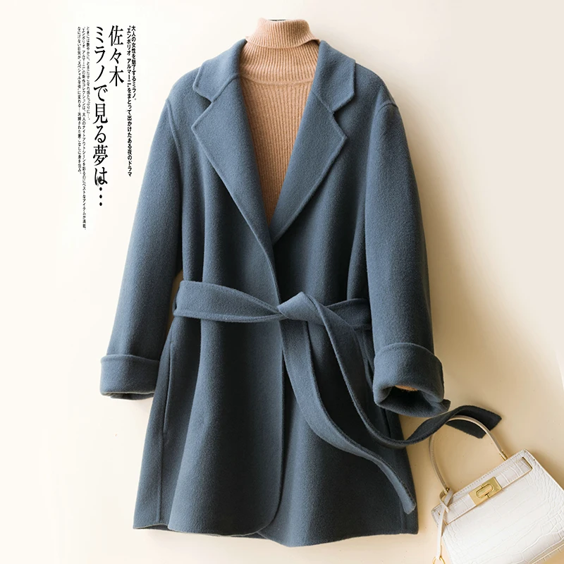 Autumn and winter new double-sided cashmere coat short suit collar loose tie 100% pure woolen coat women