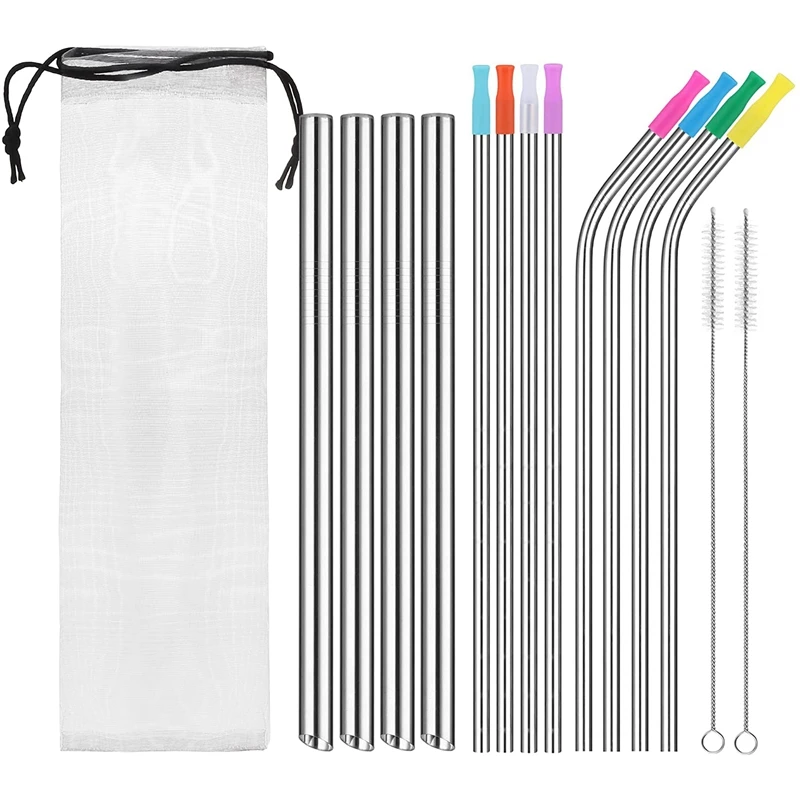 

HOT 15 Pack Metal Straws, 304 Stainless Steel Straws With Silicone Tips, Case And Cleaning Brush, Reusable Drinking Straws