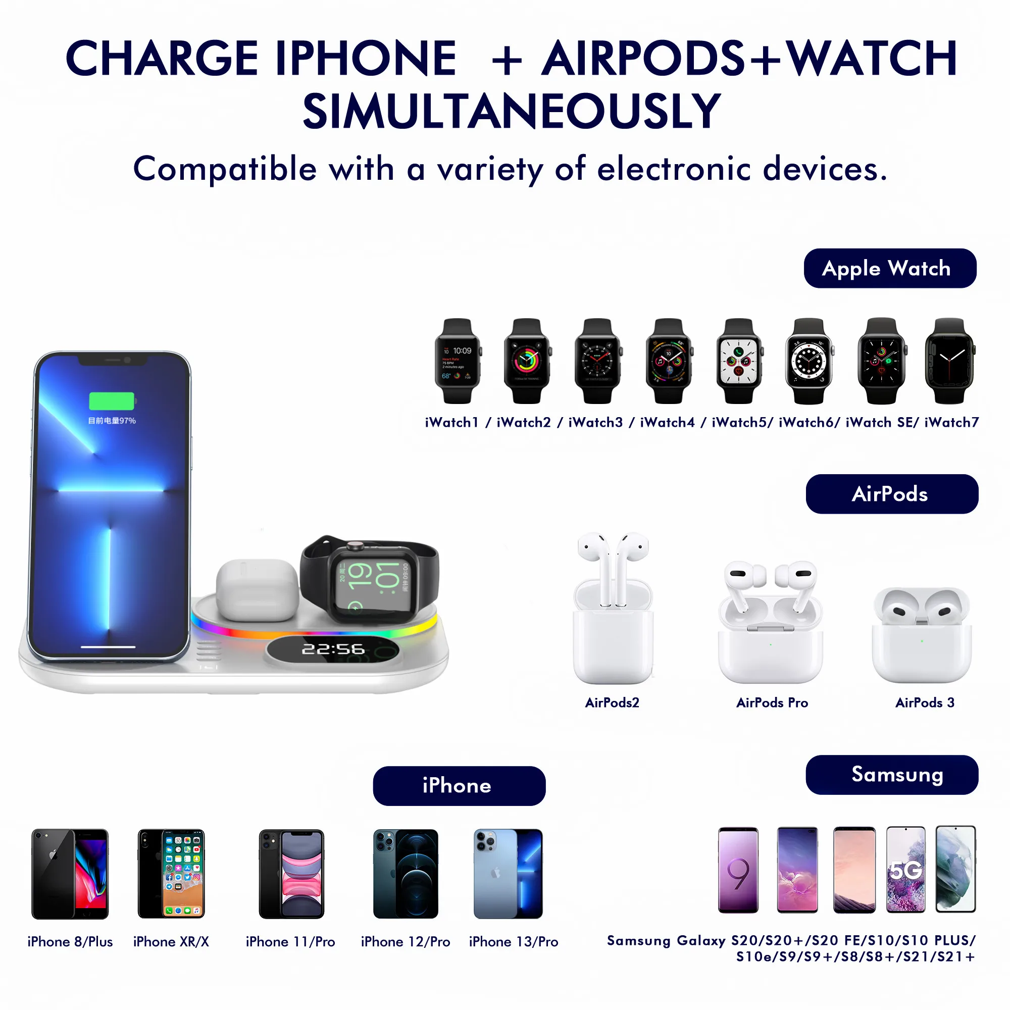 4 in 1 fast wireless charger clock pad for iphone 13 12 11 pro samsung wireless charging stand for apple watch 7 6 airpods pro free global shipping