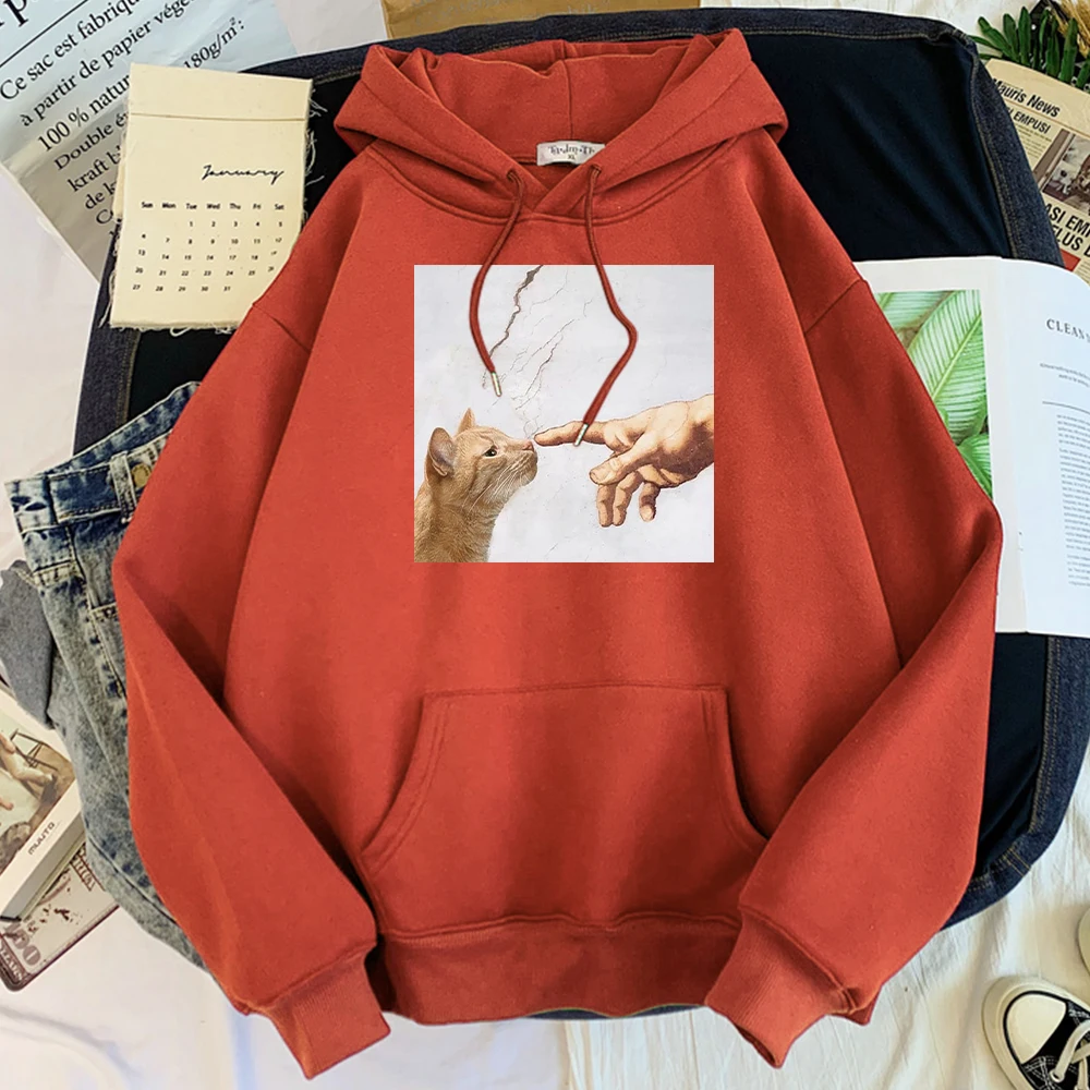 

Men Sweatshirt Cute Fun Animals Prints Touch The Cat With Your Hands Pullovers For Male High Quality Hoodies Oversized Hoodies