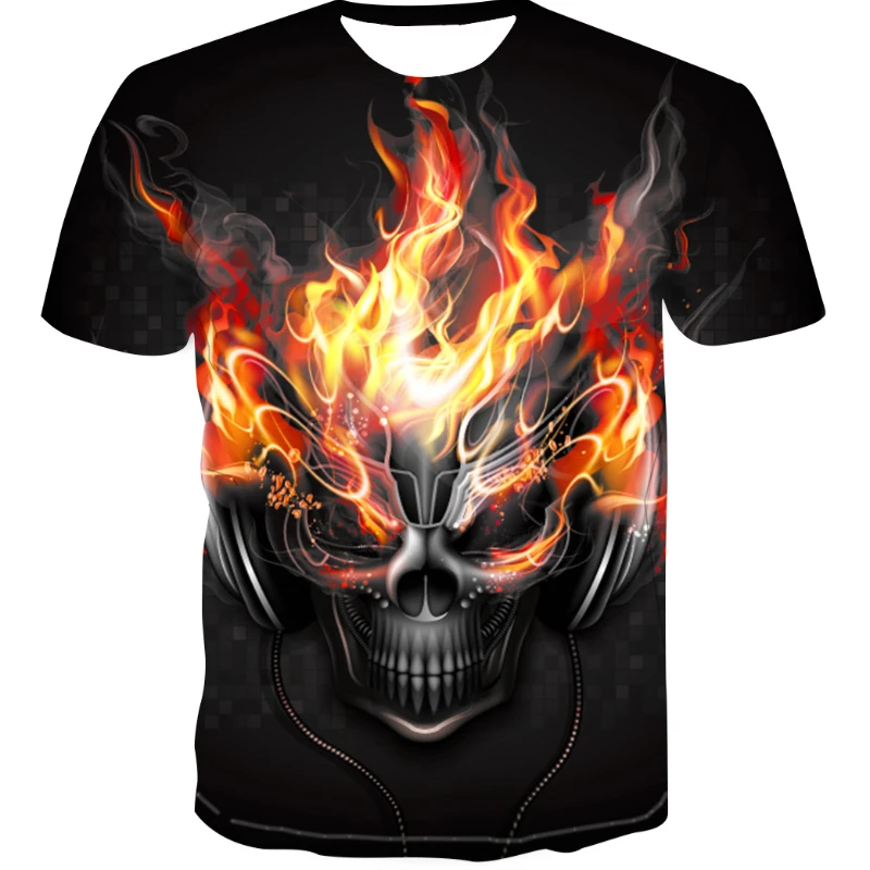 

Handsome fashion music skull flames printed men's T-shirt trendy classic simple casual teenage men's version of short-sleeved