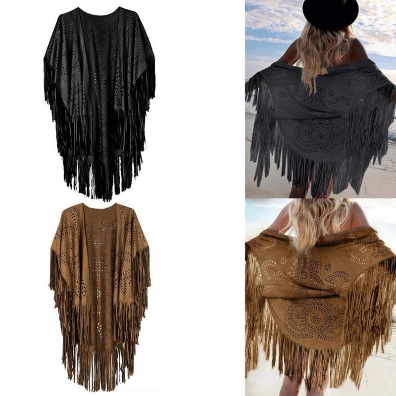 

Women's Hollow Out Fringe Trim Sleeveless Faux Suede Vest Cardigan Coat Jackets