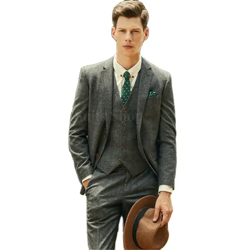 

Traje de Tweed de espiga verde de lana hecho a medida para hombre de estilo británico Blazer ajustado para boda traje de hombre