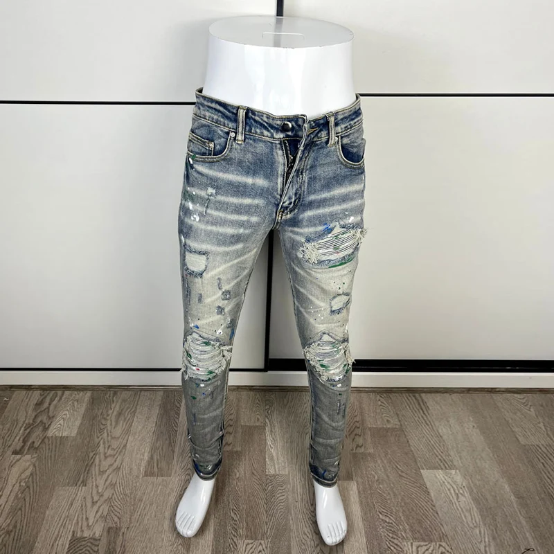 Street Fashion Men Jeans Retro Blue Elastic Slim Fit Painted Ripped Jeans Men Patched Designer Hip Hop Denim Brand Pants Hombre