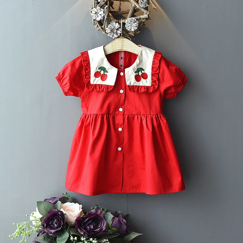 

Girl Red Cherry Embroidery Dress Summer New Cute Peter pan Collar Cardigan Princess Dress Spring Fashion Children Clothing 2022