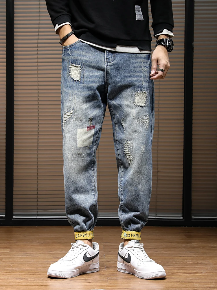 Ripped Jeans Men Harem Pants Loose Fit Baggy Jeans Distressed Hip Hop Patchwork Wide Leg Denim Trousers For Man Motocycle Jean