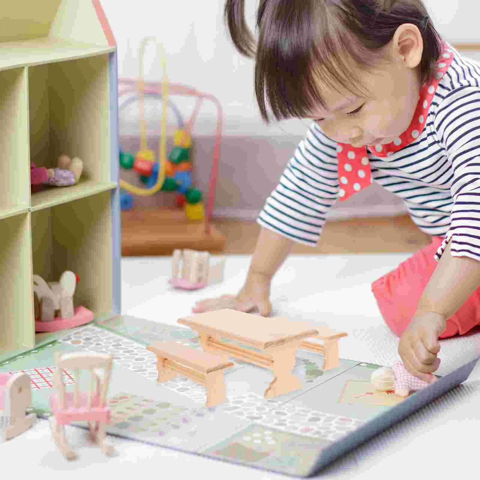

House Mini Furniture Model Miniature Bench Realistic Dolls Decor Wooden Table Prop Desk