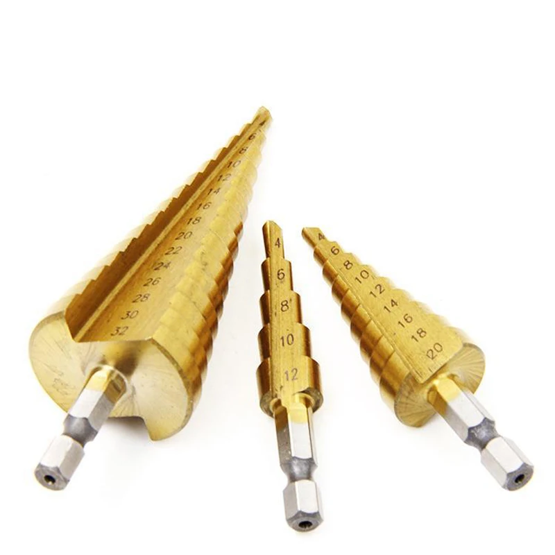 

4 -32mm HSS titanium coated metal hex core drill bits High Speed Steel step drill bit set cone hole Wood cutter Taper metric