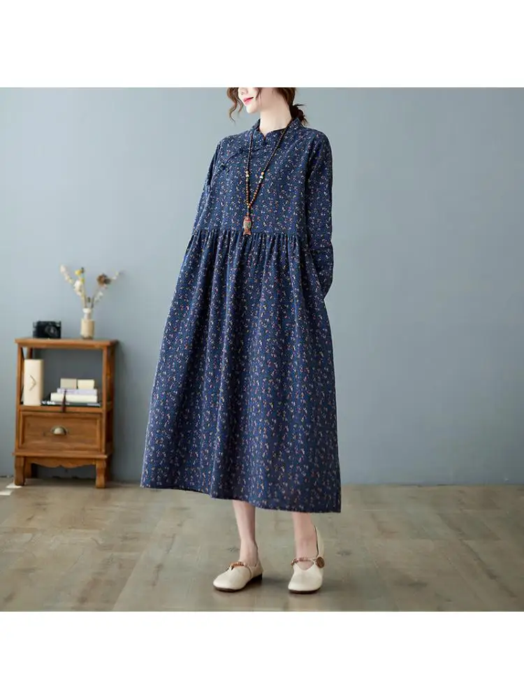 

New 2022 Spring Women Literary Artistic Retro Cotton Hemp Printed Ankle-length Long Dress Casual Loose Waist Party Dresses M129