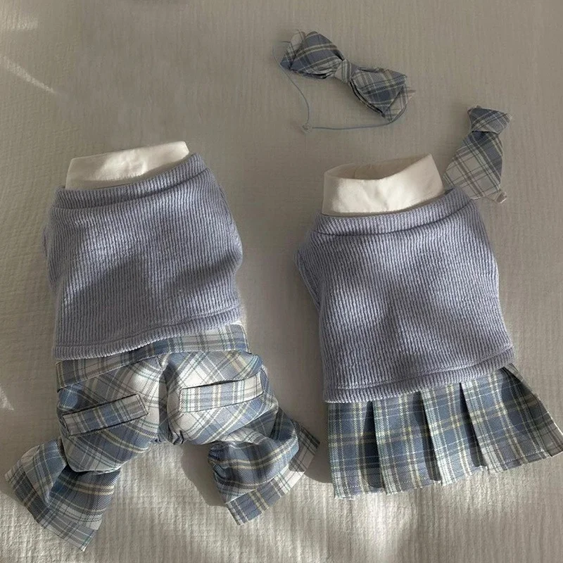 

Синее клетчатое платье, Одежда для питомцев, одежда для собак в студенческом стиле, одежда для пары, костюм для кошек, юбка, милая осенне-зимн...