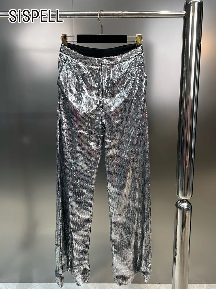 SISPELL Patchwork Sequins Wide Leg Pants For Women High Waist Single Button Solid Straight Trousers Female Spring 2023 Style New