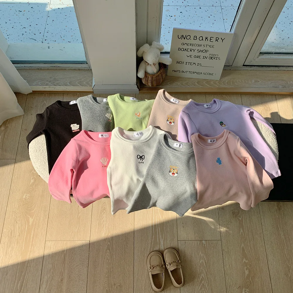

Весенне-осенняя корейская детская нижняя рубашка для девочек, хлопковые толстые пуловеры с длинным рукавом для девочек, однотонные топы для девочек с мультяшными собаками и львом