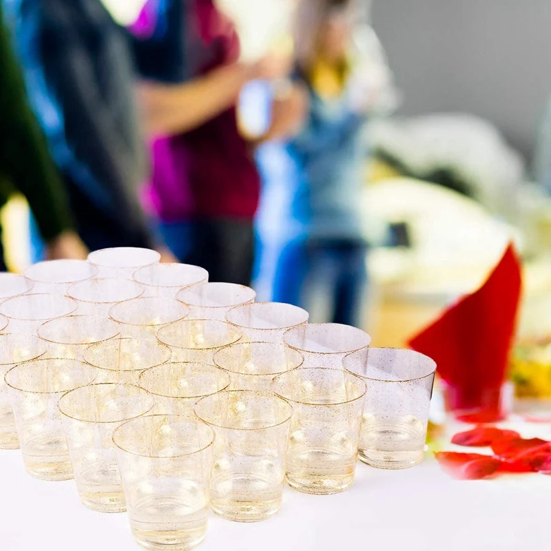 

50Pcs 10OZ Gold Plastic Cups, Gold Disposable Glitter Plastic Cups, Clear Plastic Cups Tumblers, Party Cups Wedding Cups