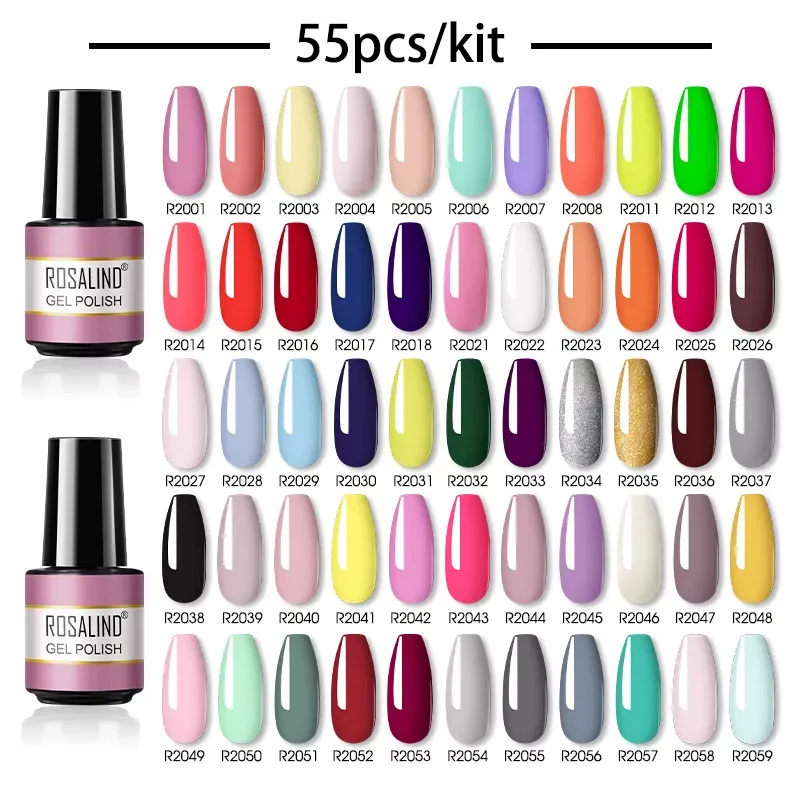 ROSALIND 55Pcs/Lot Gel Nail Polish Set Nail Art Design Manicure Semi Varnishes Need UV LED Lamp Top Base Top Gel Nail Kit