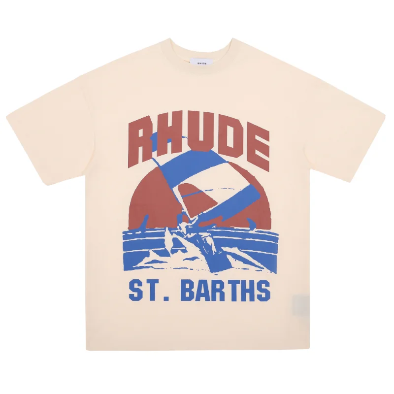 

2023 New Style RHUDE Set sail Printing Beige T-shirts Men Women 1:1 Best Quality Loose Short Sleeve