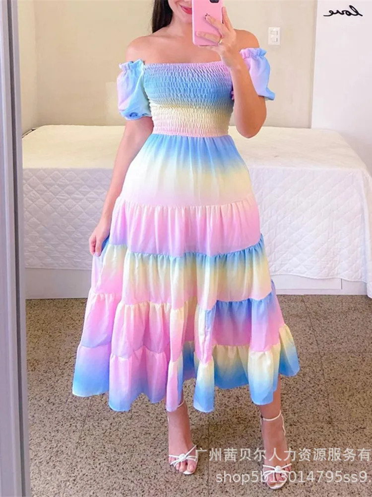 

Mandylandy Women Elegant Summer Vacation Dress Fashion Female Sexy Rainbow Off Shoulder High Waist Corset Ruffle Long Dress