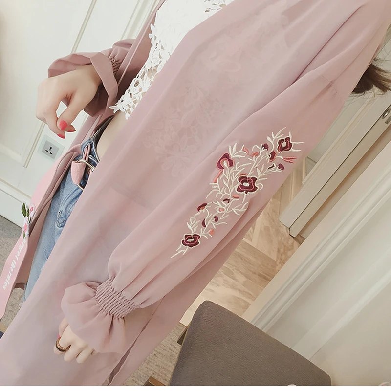 

Summer Kimono Cardigan Women Floral Embroidery Chiffon Blouse Korean Flare Sleeve Long Shirt Beach Long Blouse Fashion Design