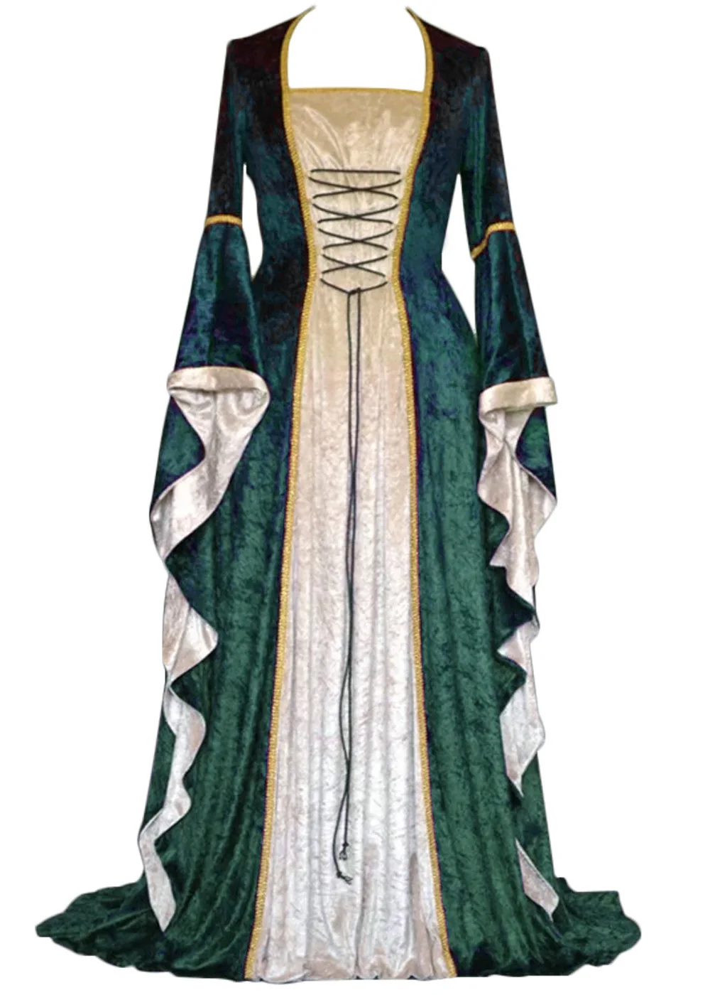 

Retro Medieval Maxi Dress Women Halloween Cosplay Party Dresses Ladies Vintage Velvet European Long Flare Sleeve Bandage Dress