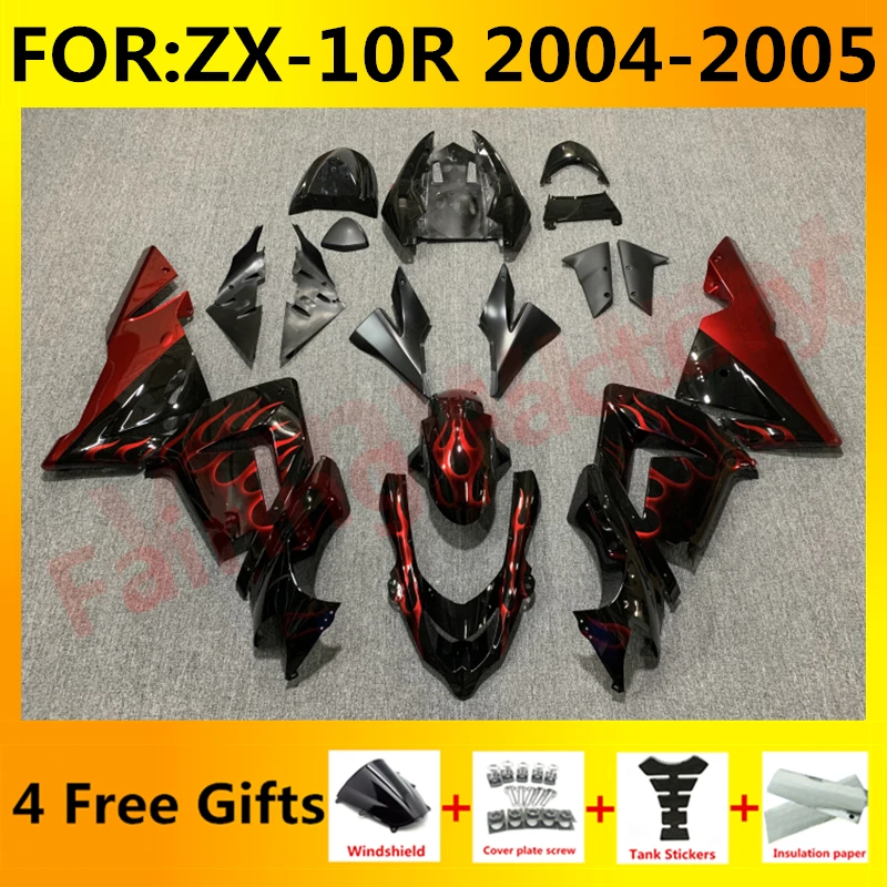 

New ABS Whole Motorcycle Fairings tank cover Kit for Ninja ZX-10R ZX10R zx 10r 2004 2005 04 05 Bodywork fairing set red flame