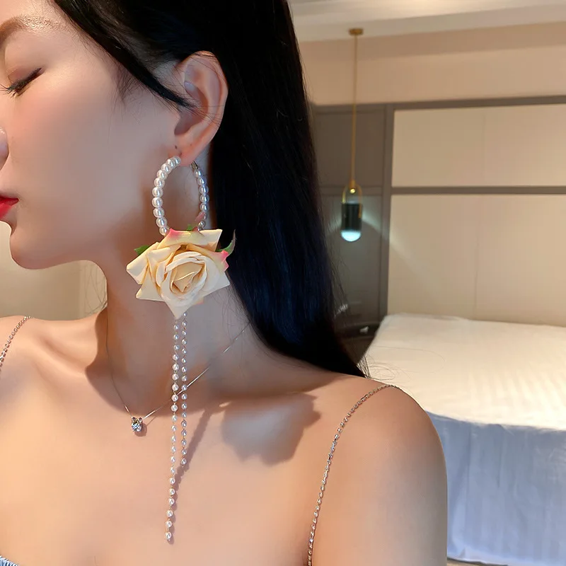 

YAMEGA Long Tassel Pearl Hoop Earrings For Women Bijoux Big Oversize Statement Cloth Rose Flower Earrings Fashion Jewelry