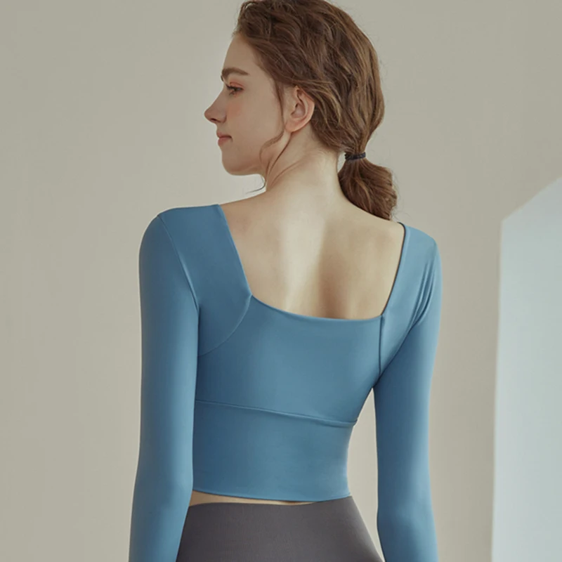 F.DYRAA U-neck Yoga Shirts For Women Long Sleeve Tight Crop Tops Gym Fitness Running Sports Tops With Thumb Holes Sportswear