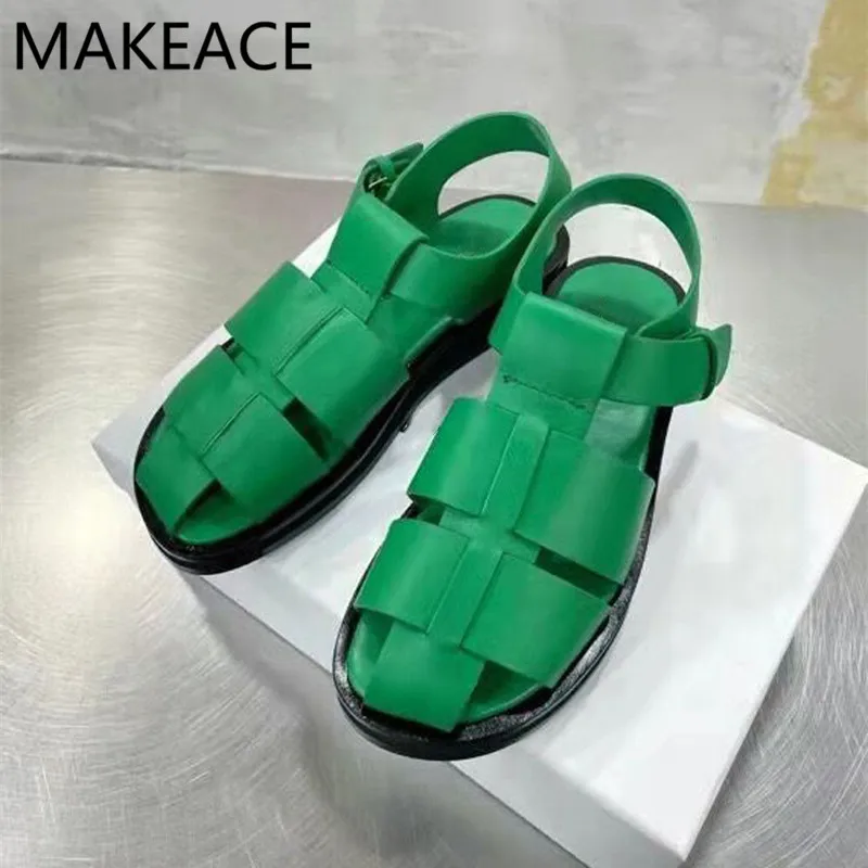 

Summer New Flat Platform Women Casual Sandal Shoes Weave Genuine Leather Hollow Out Round Toe Fashion Sandals Woman Shoes 2022