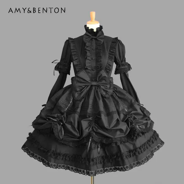 Lolita Princess Dress for Women Vintage Lace Stand Collar Gothic Cos Dress Spring and Autumn Female Dress with Sleeves