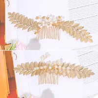 delicate pearl tiara wedding bridesmaid romantic hair combs bridal clips golden leaf hair pin leaves headpiece