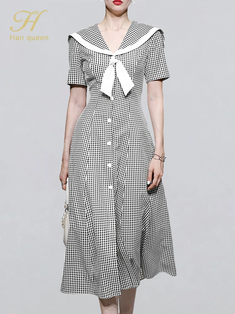 

H Han Queen 2022 New Vintage Plaid Women's Dresses Summer Vestidos Vintage Elegant Fashion Slim Simple Casual Office Party Dress
