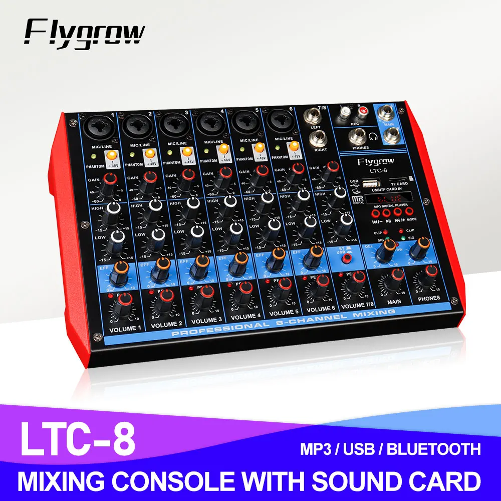 Audio Mixer Flygrow LTC-4/6/8 Channel USB Bluetooth 48V Phantom Power Reverb Effect for Recording, Performance, Party Console