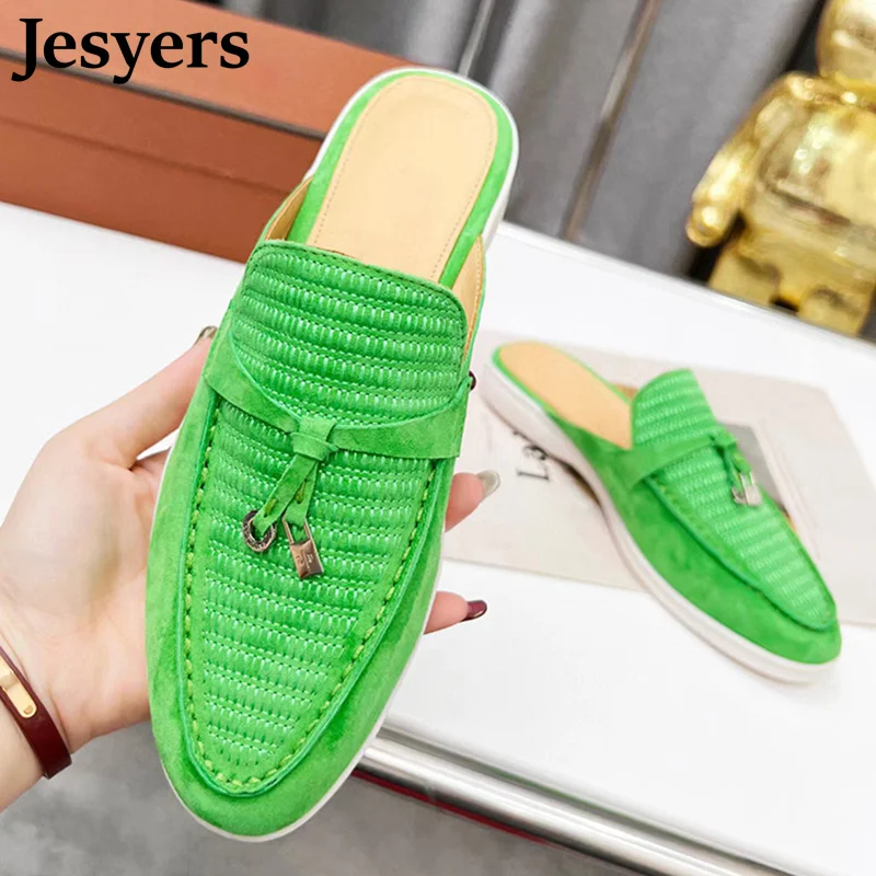 

Spring Flat Closed Toe Half Slippers Women Genuine Leather Metal Lock Decor Deep Mouth Sandals Outdoor Vacation Shoes Lazy Mules