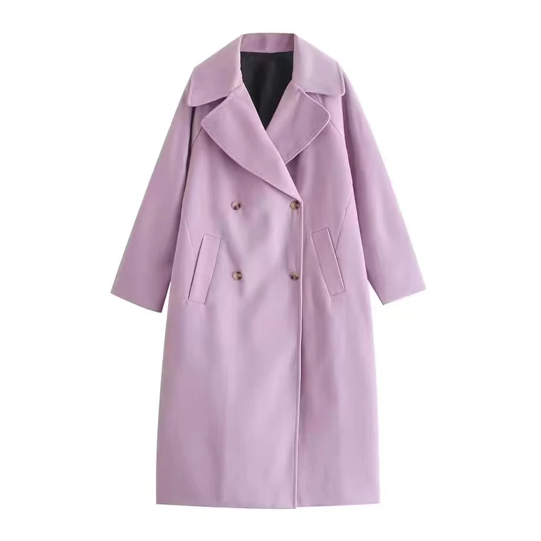 

2022 New Za Women Light Purple Thermal Coat Jacket Fashion Lapel Long Sleeve Double Breasted Mid-Length Loose Casual Woolen Coat