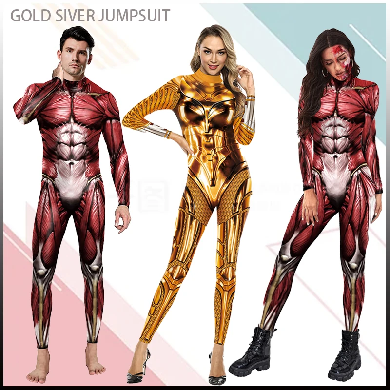 

New Cosplay Costumes Jumpsuit Women Clothes Gold Silver Muscle 3D Print Tight Catsuit Zentai Fetish Outfit Women Muscle Suit