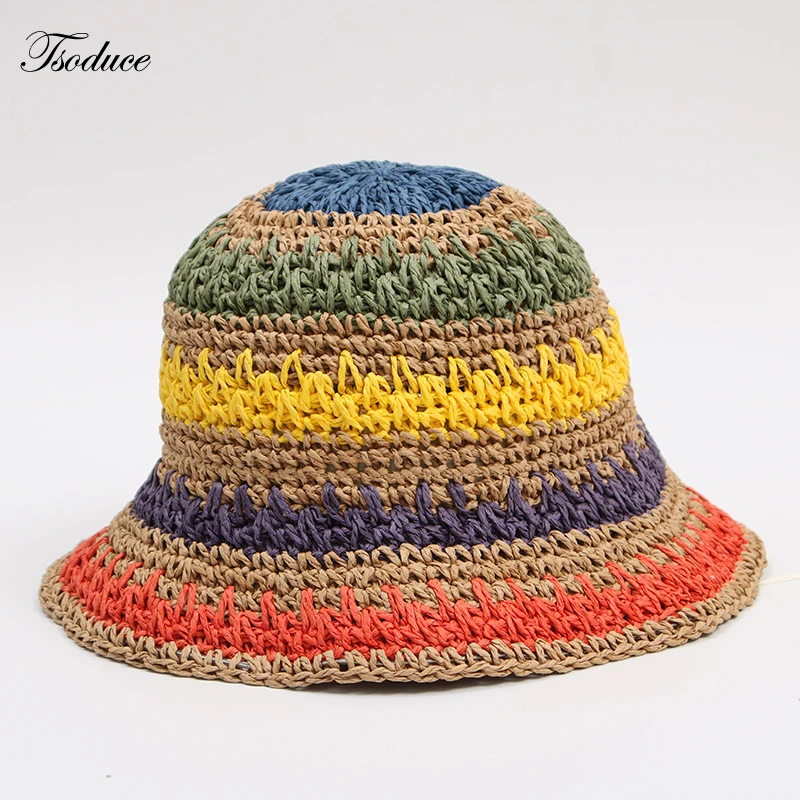 

Handmade Summer Women Straw Hat Handwoven Foldable Rainbow Colored Sun Protection Vacation Beach Sun Hat
