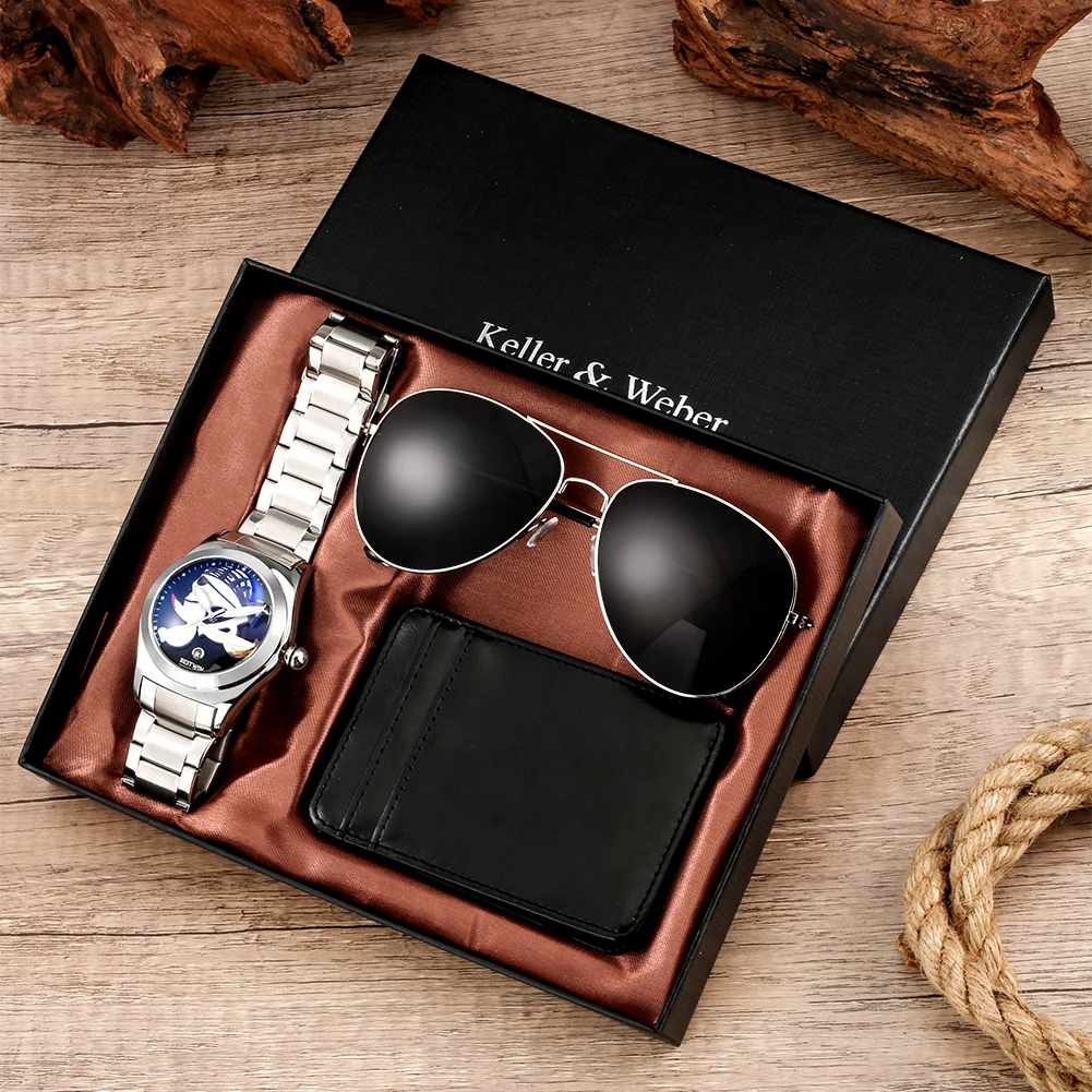 

Часы наручные деловые мужские, Роскошные водонепроницаемые, с ремешком из нержавеющей стали, в классическом дизайне, с кошельком и солнцеза...