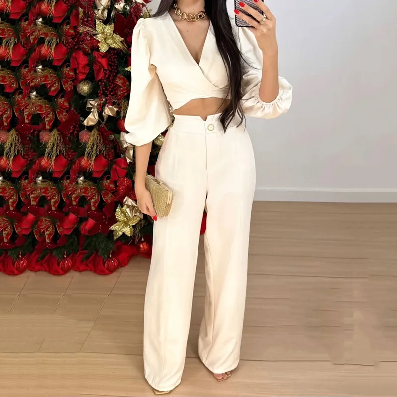 

Two Piece Set Women Top and Pants 2022 Fashion Casual Solid Color Autumn New V-Neck Long Sleeve Top Loose Trousers suit