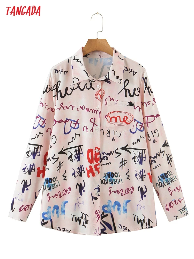 

Tangada Women Vintage Letter Print Shirt Long Sleeve 2021 Chic Female High Street Loose Shirt 8H145