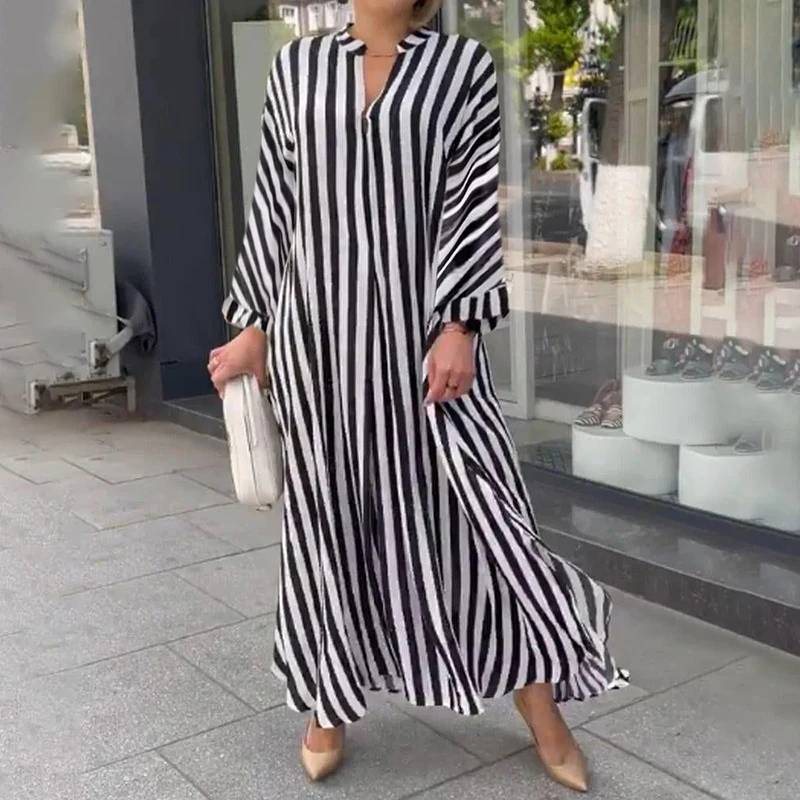 

Women's Dress Summer Fashion Striped Printed V Neck Short Sleeve Split Long Shirt Dresses Casual Streetwear Oversized Maxi Dress