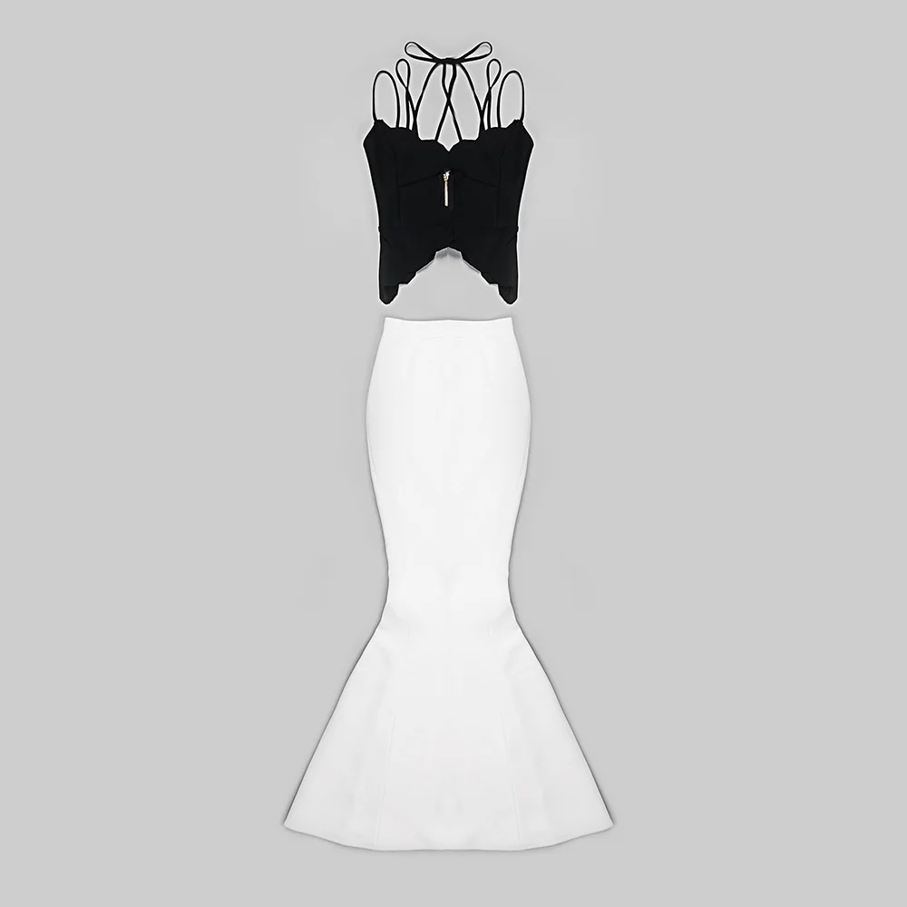 

Winter Autumn And 2023 Black White Colorblocked Suspender Neck Hollow Out Dress Bandage Gown Wholesale Dropship