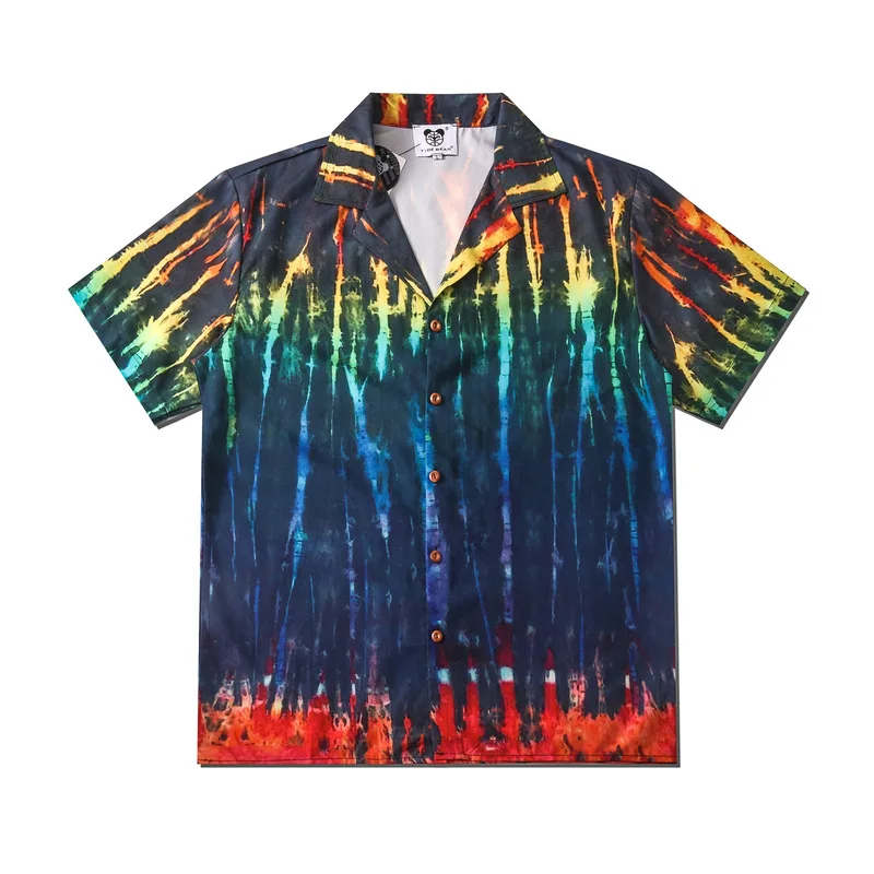 

Summer New Men Hip-Hop Color Stripe Print Shirt Lovers Fashion Short Sleeve Cool Thin Loose Hawaiian Beach Harajuku Lapel Shirts