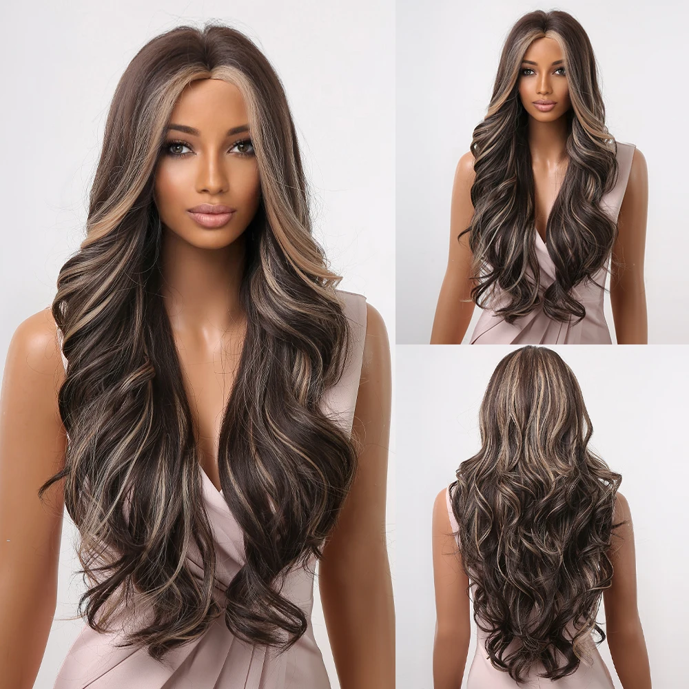 

Long Wavy Synthetic Wigs Brown with Blonde Highlight Hair Wigs Middle Part for Women Cosplay Daily Heat Resistant Fiber Wigs