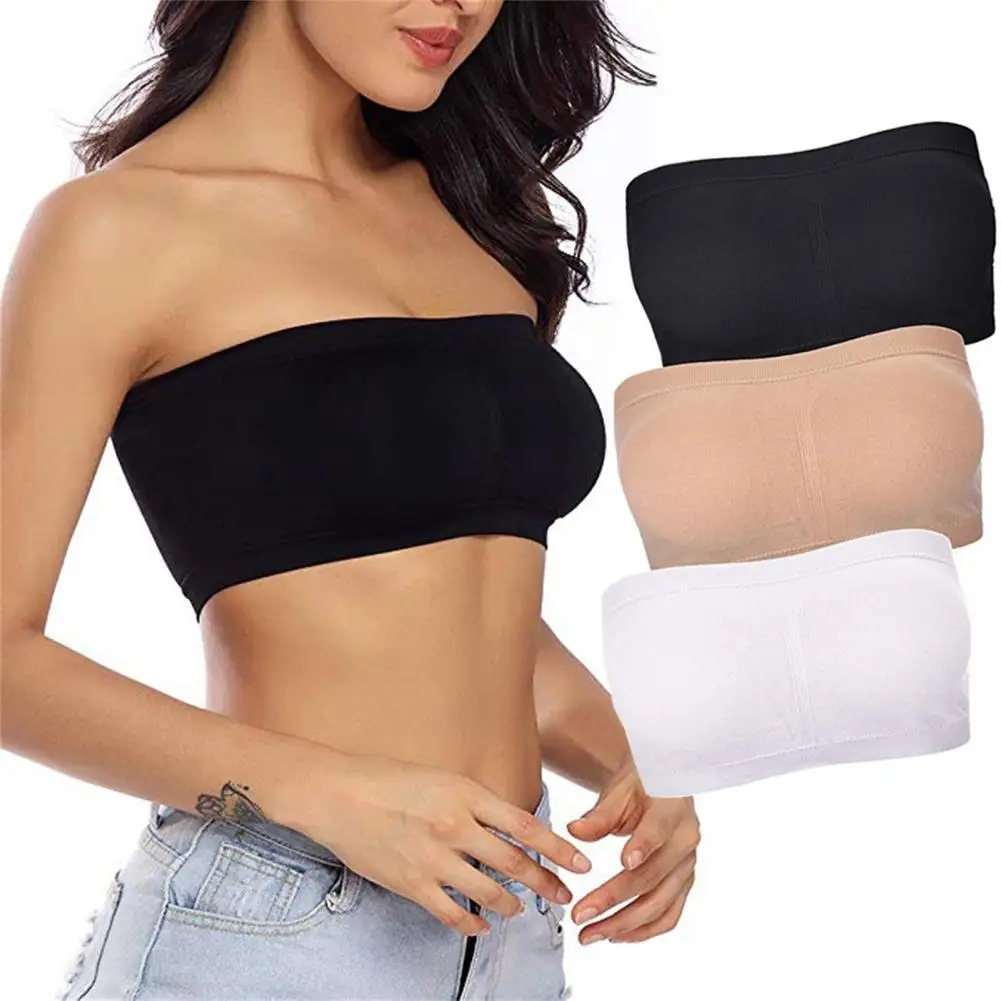 

Summer Women Sexy Strapless Padded Slim Tube Top Women Solid Color Sporty Slim Crop Tops Invisible Bra ropa mujer
