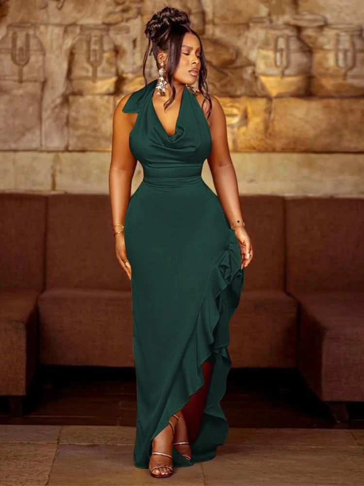 

Женское длинное платье без рукавов, однотонное плиссированное платье с лямкой на шее, V-образным вырезом и открытой спиной, лето 2023