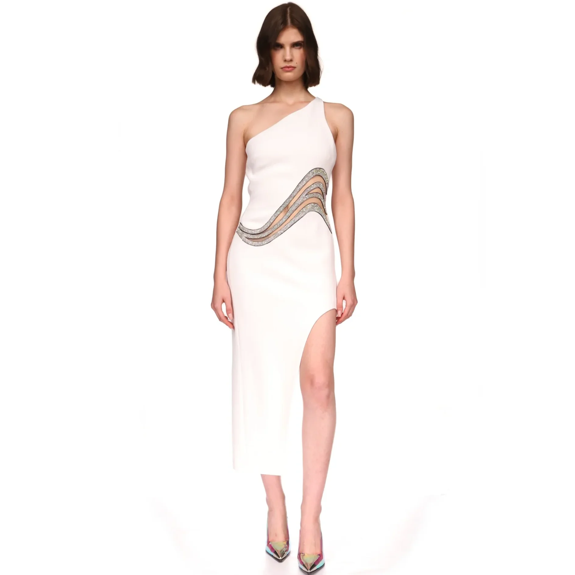 2023 New Summer Women Sleeveless White Color Sexy One-Shoulder Surfacing Mini Bodycon Dress