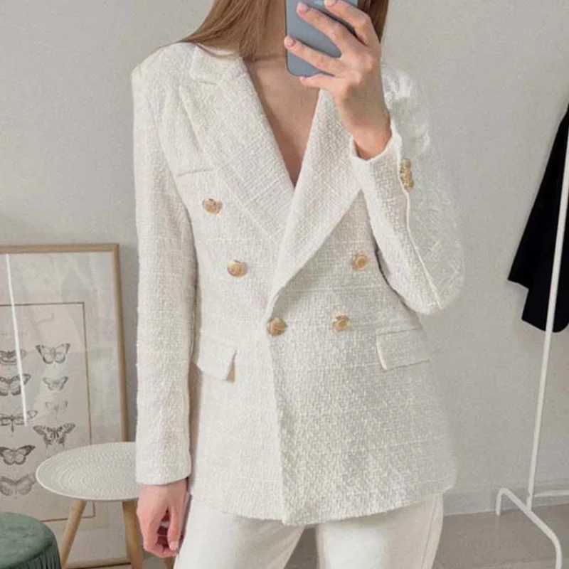 2022 Women Jacket Spring TRAF Fashion Double Breasted Tweed Blazer Coat Vintage Long Sleeve Female Outerwear Chic Top 2022