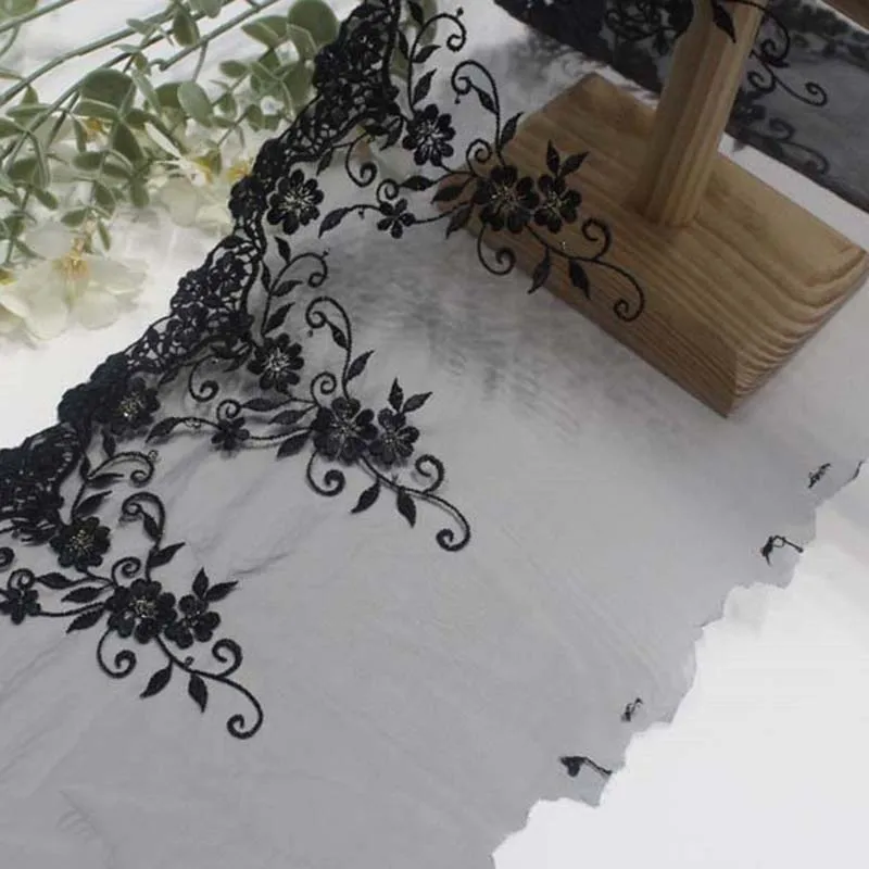 

28 ярдов, черная Цветочная вышитая Тюлевая кружевная ткань для отделки бахромой, Свадебный бюстгальтер, нижнее белье, материалы для шитья платья