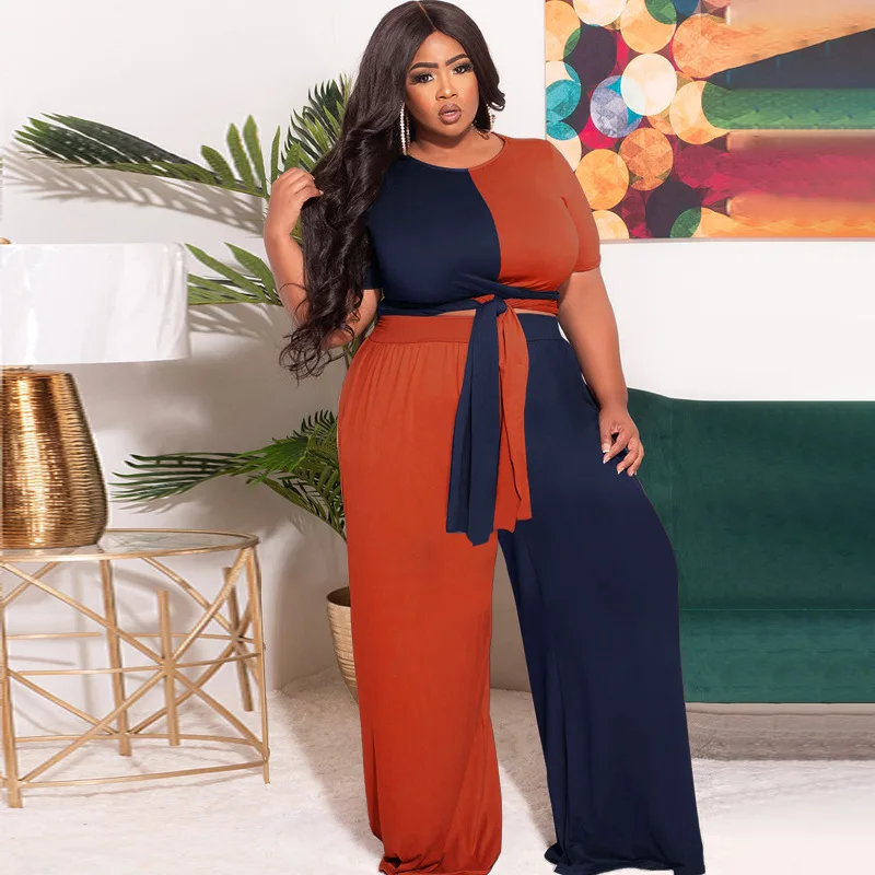 

Новинка 2022, контрастный цвет, стандартные женские комплекты из двух предметов с брюками, пуловер с коротким рукавом, футболка, топ, брюки, ко...