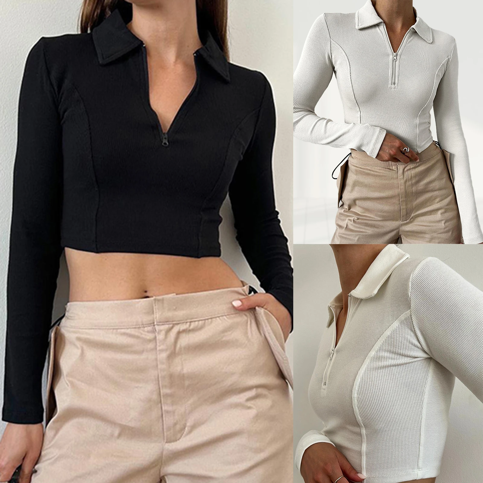 

Women Retro Half Zip Crop Top Pullover Vintage T Shirt Solid Color Casual Slim Fit Basic Pullover Top